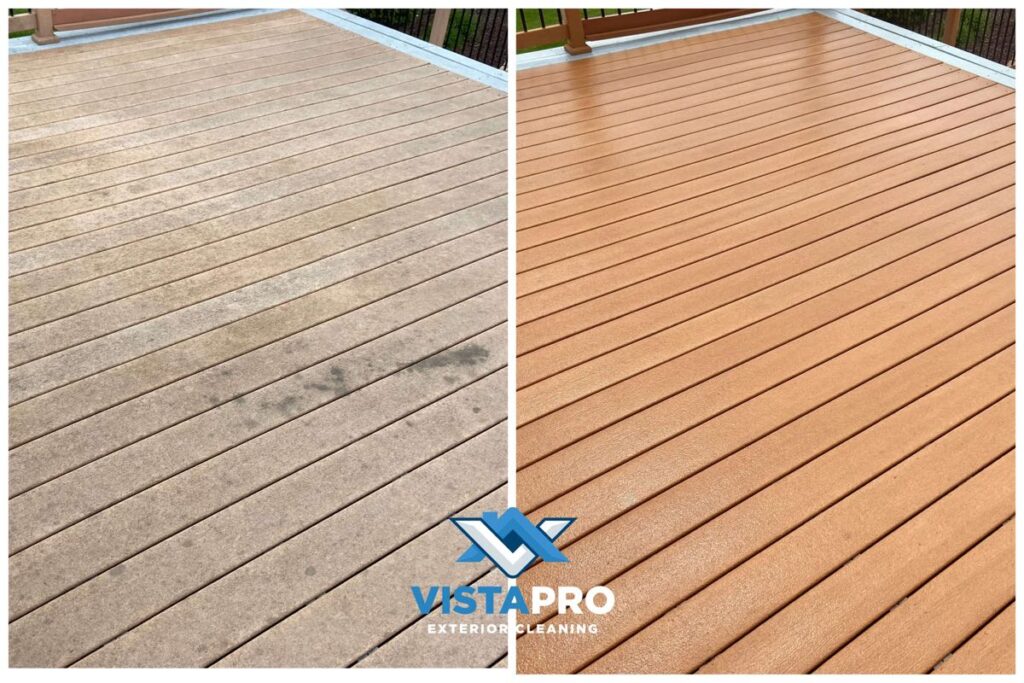 Before and after pictures of a West Bend composite deck that Vista Pro pressure washed.